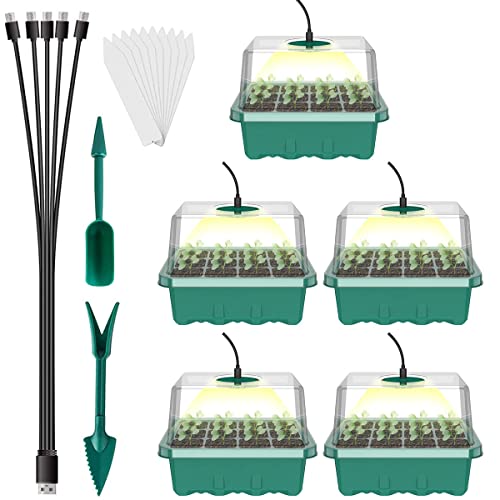 5 Pack Seed Starter Trays with Grow Light, Mini Propagators Trays with Lid Reusable Seed Starter Germination Tray Set with Humidity Dome for Greenhouse Seed Growing Starting (13cm Height)