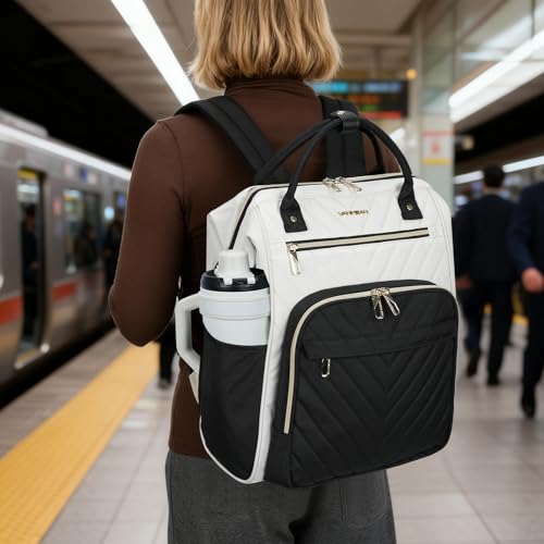Image of VANKEAN Laptop Backpack for Women Fashion Computer Work Bag, Large Capacity Waterproof Backpack, College Daypack Business Travel, Beige /Black, 15.6 Inch