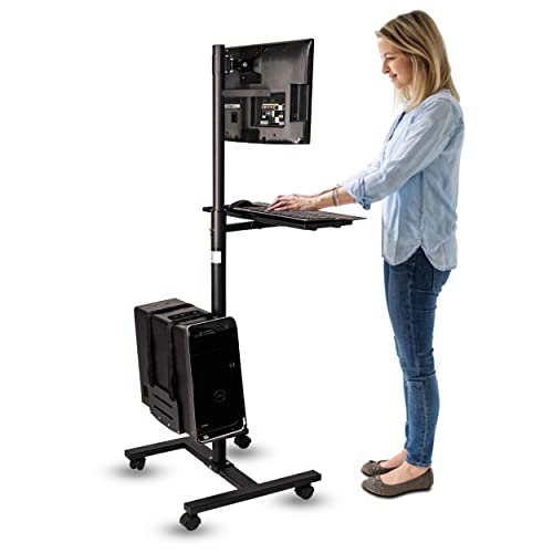 Pochar Adjustable Mobile Pc Workstation With Single Monitor Mount | Mobile Standing Computer Workstation With Adjustable Keyboard Tray And Cpu Holder | Rolling Desk Fits 13 To 32 Inch Monitors #TOP1