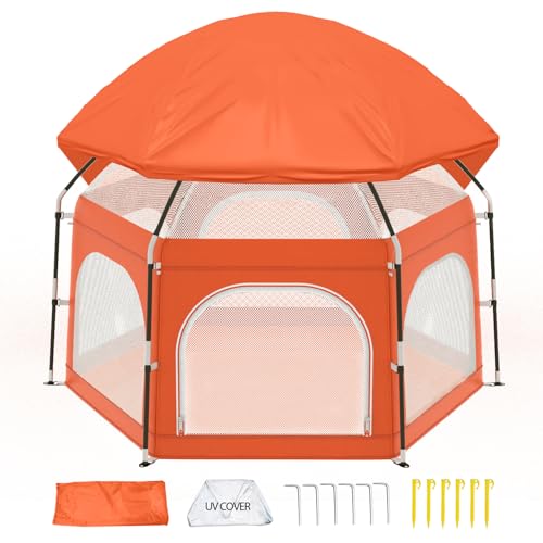 Image of Baby Playpen with Canopy, Portable Outdoor & Indoor Baby Beach Tent for Babies and Toddlers, Foldable Play Yard with Mosquito Net, Travel Play Yard Includes Sand Stakes & Carry Bag