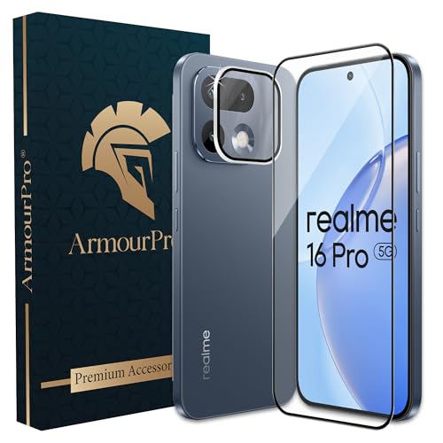 Image of ArmourPro Edge to Edge Tempered Glass for Realme 16 Pro with Silver Camera Ring Guard, 9H Screen Protector, Anti-Scratch, Anti-Fingerprint, Bubble-Free Installation Kit