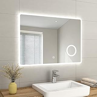 EMKE 1000 X 700 mm LED Illuminated Bathroom Mirror with Shaver Socket Lights and Demister Pad, Wall Mounted Touch Sensor Bathroom Mirrors Anti Fog for Makeup Cosmetic, IP44 Rated