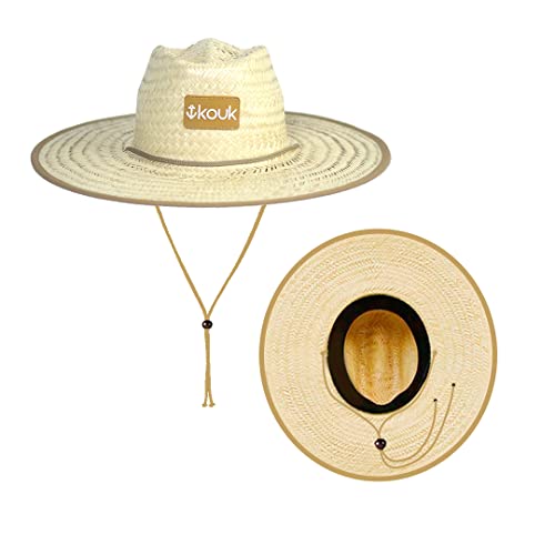Chapéu de Palha Nacional Viés Bege Masculino Feminino Surf de Praia Saida Sol Verão Piscina Unissex Aba Larga na Moda Redondo Palha Natural de Folha de Carnaúba na Moda Proteção Solar UV Pescador