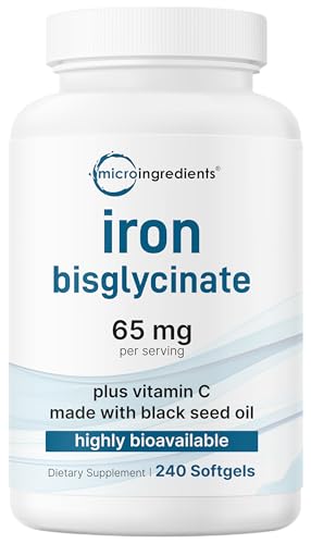 Micro Ingredients Ferrous Iron Bisglycinate 65 mg 240 Softgels | Chelated Iron Supplement for Women & Men | Supports Red Blood Cell Production* | with Vitamin C & Black Seed Oil | Non-GMO