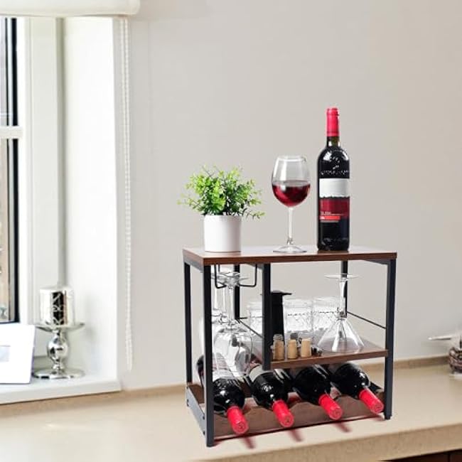 Freestanding Countertop Wine Rack, 4 Bottles & 3 Glass Slots Wine Storage, Wooden & Metal Wine Cabinet Shelf, Space-Saving Liquor Holder for Home Bar, Kitchen & Pantry
