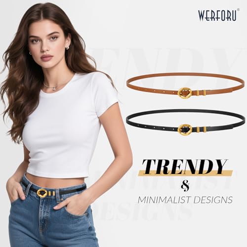 WERFORU 2 Pack Women Skinny Belts for Jeans Dress Thin Belts for Women with Gold Buckle 0.39" Width2