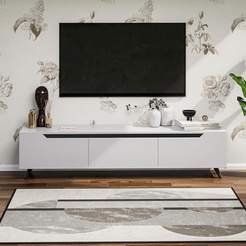 Image of DecorNation Nova Wooden TV Unit Stand (Large) - Modern Entertainment Table with 3 Closed Compartments for Living Room, Bedroom & Office (71 x 13.3 x 16.6 Inches, White Finish)