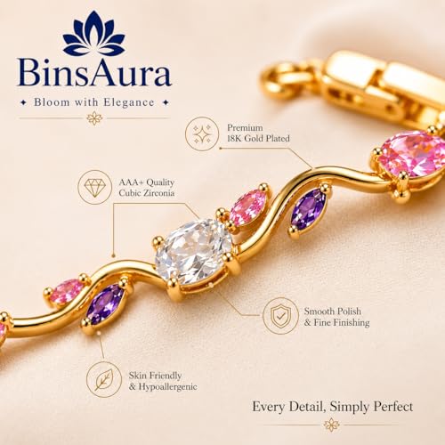 Image of BinsAura Gold Plated Crystal Bracelet for Women | Pink Purple White AAA Cubic Zirconia Tennis Bracelet | Adjustable Luxury Fashion Bracelet for Girls | Birthday Anniversary Valentine Gift Jewellery