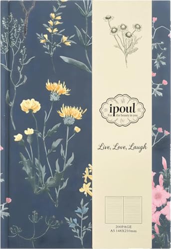 ipoul Floral Journal for women, Floret Hardcover Notebook, A5, 6x8, Medium Ruled Notebook, Lay-flat, Linen Journal, Notebooks for School, Writing Journal, Reading Journal, Plant Journal, Navy Blue