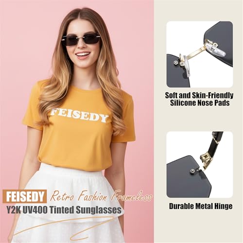 Image of FEISEDY Rimless Sunglasses Y2K Retro Small Narrow Clear Eyewear Vintage Rectangle Sunglasses for Women Men B2643