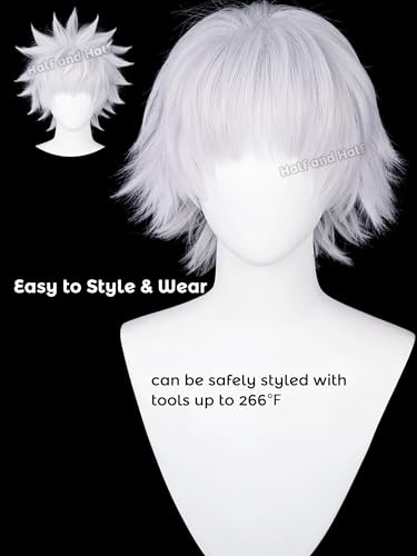 Image of Half and Half Short White Anime Cosplay Wig for Men Silver White Hunter-Killer Male Wigs with Bangs Light Purple White Spiky Layered Wig for Hallloween Party Costumes Women