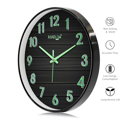 Image of RANDOM Modern 12.75INCH Wall Clock with 3D Radium Numbers, Silent Non-Ticking, Premium Black Frame, Ultra Clear Glass for Living Room, Home Office