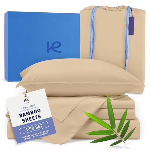 Kickoff Viscose Bamboo Sheets Twin XL Size 3-pc 100% Organic Bamboo Viscose Bed Cooling Sheets Twin XL Size Set Cool Bedding for hot Sleepers Sheet Set - Gift Ready Packaging (Beige, TXL)