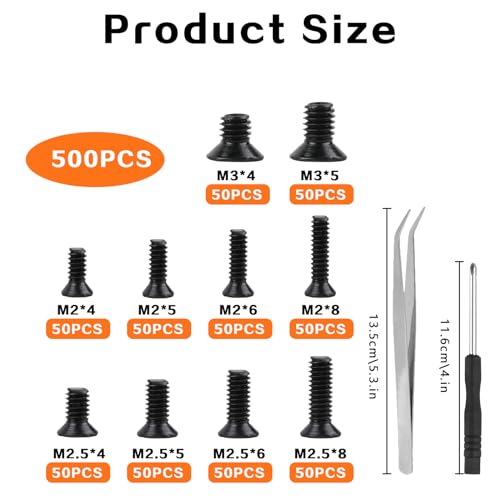 500 Stk M2 M2.5 M3 Schrauben Set, Senkkopfschrauben, Flachkopfschrauben, Maschinenschrauben Sortiment, Gewindeschrauben Set für Computer Laptop PC Reparatur