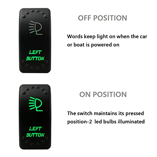 Image of Green Backlit Rocker Switch 5 Pin ON-Off Laser Etched Button Switch with Wires for Car Marine Boat UTV 20A /12V 10A /24V (Left Button)