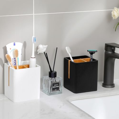 rejomiik Toothbrush Holders for Bathrooms Countertop, 3 Slots Electric Tooth Brushing and Toothpaste Storage Organizer Stand for Toiletries and Beauty Accessories, Black - Thumbnail 5