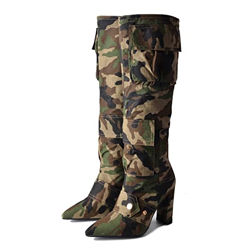 Arqa Women's Camo Knee High Boots Pointed Toe Block Heel Camouflage Boot with Metal Buttons Multiple Pockets Boot2
