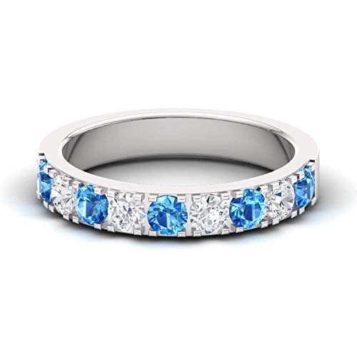 Diamondere Natural And Certified Blue Topaz And Diamond Wedding Ring In 14K White Gold | 1.11 Carat Half Eternity Stackable Band For Women, Us Size 6.5 #TOP1