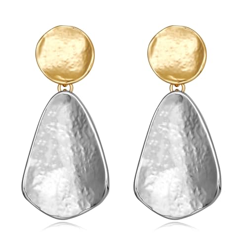 YUJIE Two-Tone Gold Silver Dangle Earrings Hammered Chunky Geometric Statement Earrings for Women Trendy Gold Plated Drop Jewelry