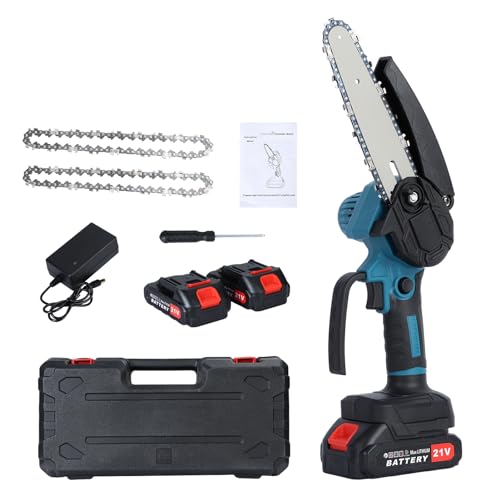 HshDUti Mini motosierra inalámbrica de 6 pulgadas, motosierra eléctrica portátil alimentada por batería, pequeña motosierra eléctrica de mano con 2 baterías de 21 V, perfecta para cortar madera,