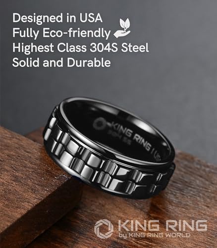 King Ring 8mm Wide Gear Spinner Ring – Fidget Ring for Men & Women Stainless Steel K42 – Black 07