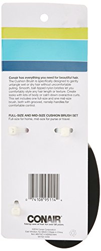 Conair Professional Full and Mid Size Nylon Cushion Brush Set, Colors may vary