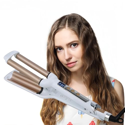YONAIL 3 Barrel Curling Iron Hair Waver, Deep Wavy Curler, 16mm Beach Wave Curling Wand, Triple Barrel Hair Crimper Tongs for Short Long Hair (White)