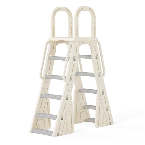 VINGLI Pool Ladder for Above Ground Pools, A-Frame Above Ground Pool Ladder with Handrails, Swimming Pool Platform Ladder with Dual-Sided Steps (Beige & Gray)