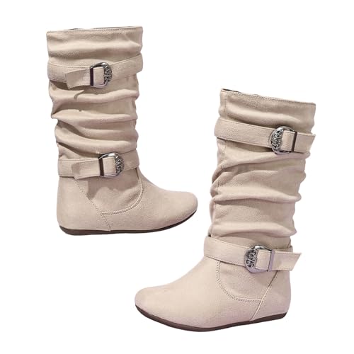 Mid Calf Boots for Girls Cute Two Buckle Zipper Flat Heel Boot Shoes Girl's Slouchy Slip On Casual Boots Round Toe Riding Boot for Fall Winter Spring