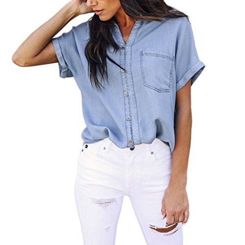 Women Casual V-Neck Soft Denim Shirt Tops Blue Jean Button Short Sleeve Blouse(Light Blue ,Large)