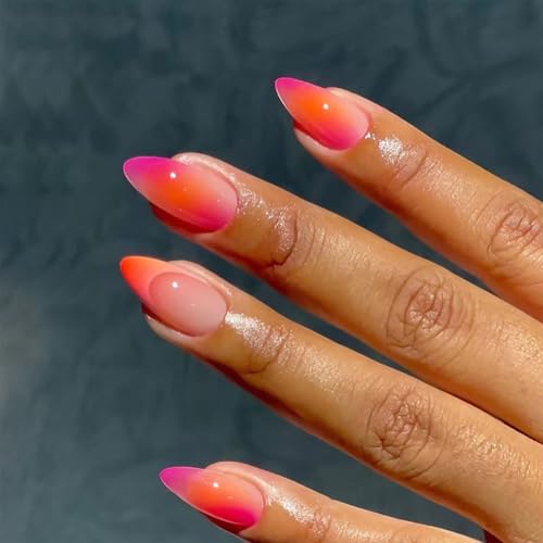 24Pcs French Tip Press on Nails Medium Almond Fake Nails with Orange Ombre Designs False Nails Reusable Acrylic Nails Ombre Glue on Nails for Women Girls Manicure Decor
