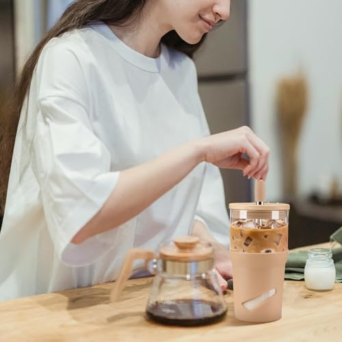 Glass Tumbler with Lids and Straws, 20 oz Iced Coffee Cup and Smoothie Cup with Bamboo Lid and On the go Lid,Glass Cups With Straws by Olivego - Used condition - Image 6