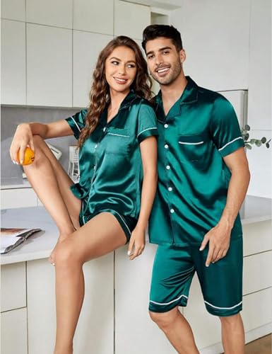 Image of SWOMOG Women Matching Pajamas Set Silk Satin Sleepwear Short Sleeve Button Down Pj Set 2 Pcs Loungewear Green Medium