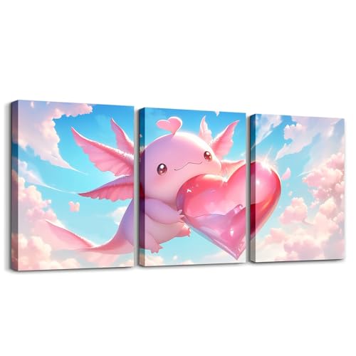 Toile axolotl pour raviver un mur blanc vide avec un triptyque dessin animé marin 40 x 30 cm