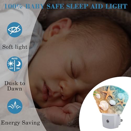 Image of Starfish and Seashell Night Light for Kids, Beach in Sea Water LED Night Light Plug into Wall with Dusk to Dawn Sensor for Girls Boys Women Men Room, Hallway, Kitchen, Bathroom, Stairs Decor