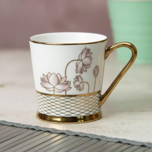 Image of Clay Craft Fine Ceramic Tea Cups Set of 6| 180 Ml Gold Print Cups with Handle | Elegant Design for Tea| Coffee| Home| Office & Gifting