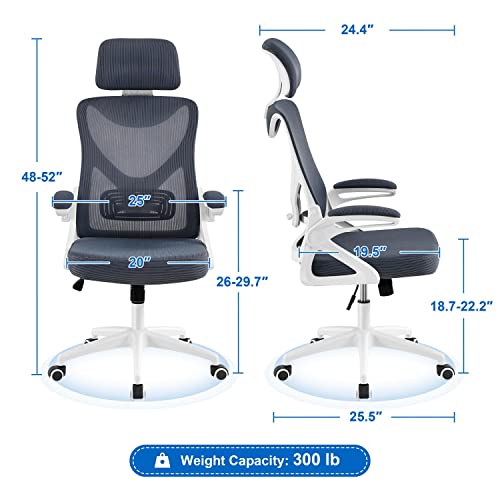 Image of Yaheetech Ergonomic Office Chair with Headrest, Lumbar Support, White /Gray | Breathable mesh high-back adjustable headrest, padded seat, and flip-up armrests supports your back and neck, holds 300lb