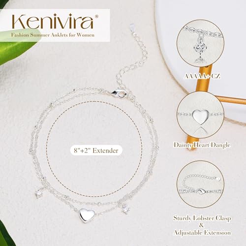 Sterling Silver Ankle Bracelets for Women Dainty,Gold Layered Waterproof CZ Heart Charm Anklets for Women Adjustable, Stackable Chain Anklet Set Cute Summer Beach Jewelry Plus Size4