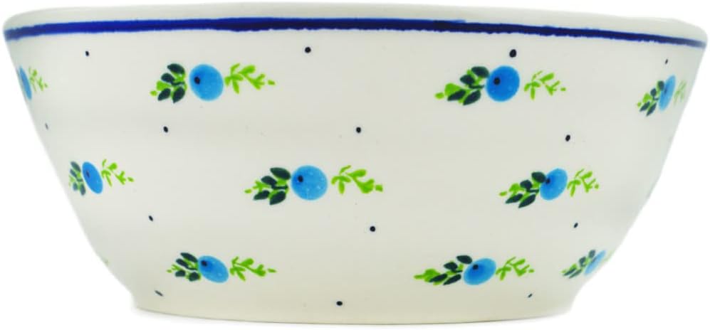 Polmedia Polish Pottery Bowl 7-inch - Blueberry Forest Pattern Handmade in Boleslawiec Poland + Certificate of Authenticity