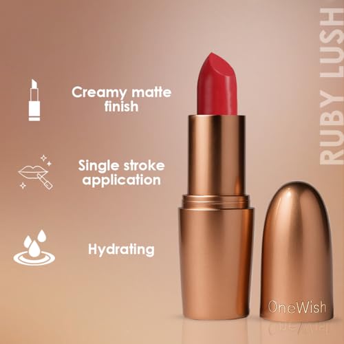 Image of One Wish Creamy Matte Lipstick Long Lasting for Women - Ruby Lush Shade 19 | Full Coverage | Creamy Formula | High-Pigment | SPF | Vitamin E, Almond Oil & Shea Butter for Moisturising Lip | 8 Hrs Lasting | Smooth Finish | 3.8 gm