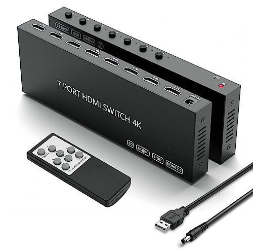 HDMI Switcher 4K@60Hz HDMI Switch Selector Supports Full HD 4K/1080P/3D & HDCP 2.2 for Nintendo Switch,Xbox,PS4/PS5,Fire Stick,Roku,Apple TV,PC,Blu-ray Player etc.(with IR Remote) (7In-1Out)