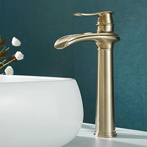 Waterfall Spout Commercial Bathroom Vessel Sink Faucet Single Handle One Hole Deck Mount Brushed Gold Lavatory Mixer Tap #TOP1