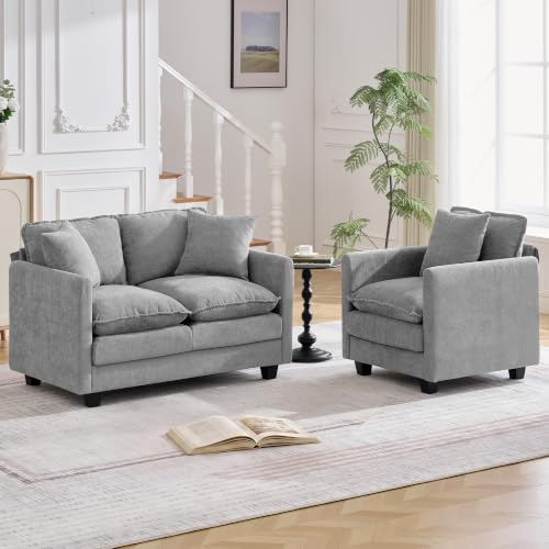 Image of Cloud 2 Pieces Sofa Set, 1+2 Seater Couch, Modern Sofas Sets with Deep Seat, Modular Sectional Couches Sets for Living Room, Bedroom, Small Apartment, Light Grey