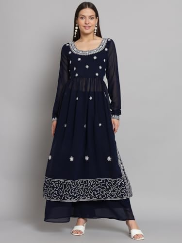 Image of PH POSHAKHUB Women A-Line Nyra Cut Kurta with Sharara in Georgette with Aari Work