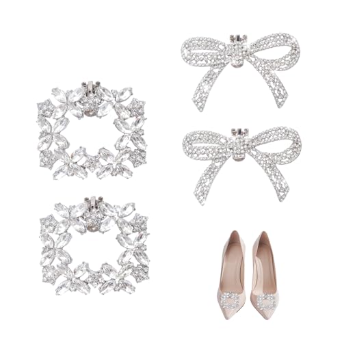 Heliltd 2 Pair Rhinestone Shoe Clips for Women Dress Shoes 2pcs Bow Clips for Shoes 2pcs Square Shoe Clips Classic Detachable Shoe Clips for Bridal Wedding Shoe Charms Decoration