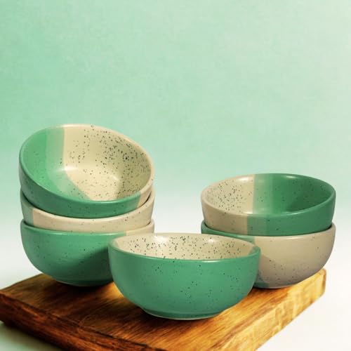 Image of Freakway Handmade Dual-Tone Ceramic Bowls Set of 6 - Speckled Green & White Serving Bowls