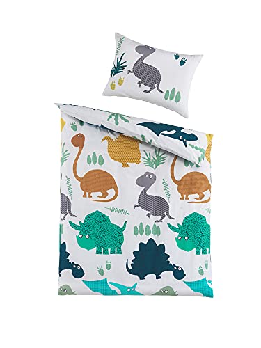 Kinder Baby Bettwäsche Set für Mädchen und Jungen | 100x135 cm + 40x60 cm | 100% Baumwolle Renforcé | Reißverschluss | Dino Welt – Dinosaurier | bunt – Bild 3