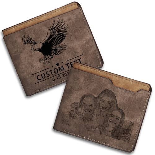 Personalized Custom Wallet for Men - Engraved Photo Name Father's Day Gift, Customized Leather Wallet Gifts for Men Husband Boyfriend Dad Son Friend (Dark Brown)