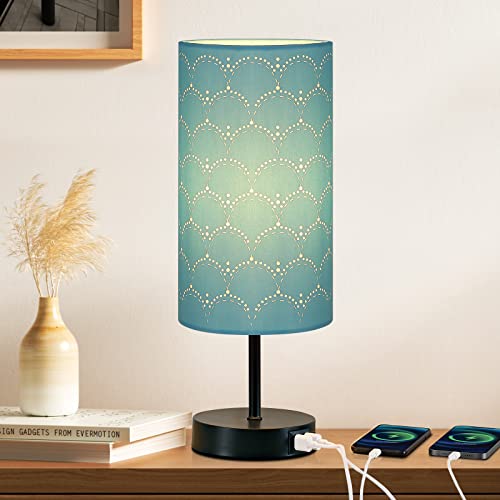 CINSARY Touch Control Bedside Lamp with 2 USB Ports, 3-Way Dimmable Table lamp for Bedroom, Nightstand Lamp with Round Blue Fabric Shade for Living Room Home Office (E26 LED Bulb Included)