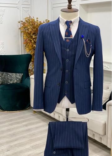 Men's Stripe Suit 3Pcs Peak Lapel Single Breasted Button Jacket Vest Pants for Business/Casual/Daily3